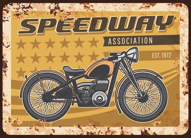 Vector asociación de speedway placa oxidada con motocicleta vintage
