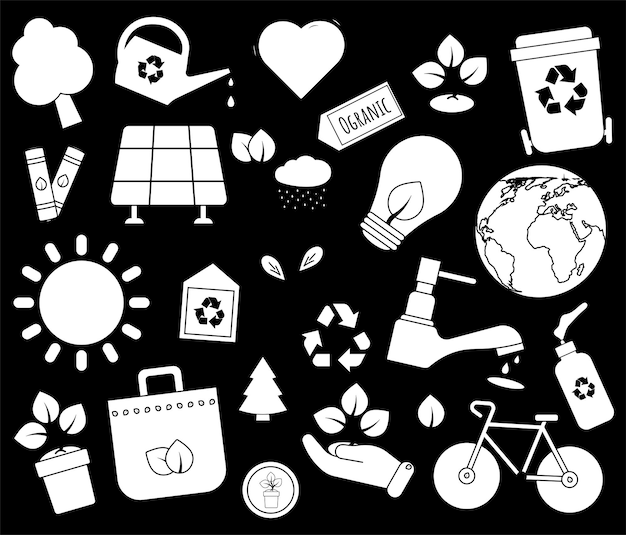 Asociaciones Desarrollo sostenible Iconos de colección en fondo oscuro Día de la Tierra y Día Mundial del Medio Ambiente concepto de ecología sostenible
