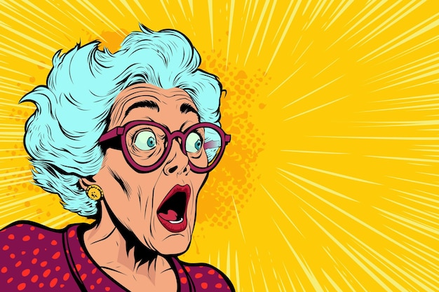 Asombrada abuela anciana de cabello gris con gafas y mirando con sorprendentes noticias increíbles