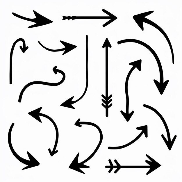 Vector asortimento de flechas negras dinámicas variadas en dirección, longitud y curva