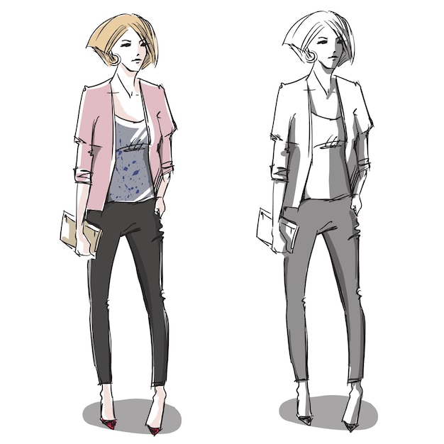 Aspecto informal, boceto de moda de una mujer vestida con jeans ajustados y chaqueta