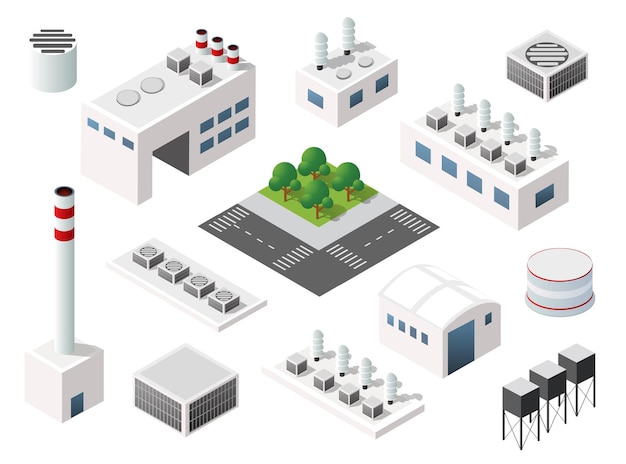 El aspecto de perspectiva 3D del conjunto de objetos de plantas industriales fábricas