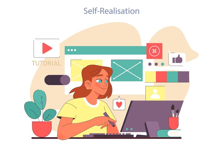 Vector aspecto positivo de las redes sociales adolescente expresándose haciendo un hobby a través de las redes sociales mujer joven viendo tutorial en internet ilustración de vector plano