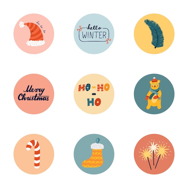Aspectos destacados lindos para diferentes compañías de blogueros de redes sociales sobre Feliz Navidad vacaciones de invierno Año Nuevo Conjunto para redes sociales con ilustraciones de imágenes prediseñadas dibujadas a mano vectorial en paleta brillante