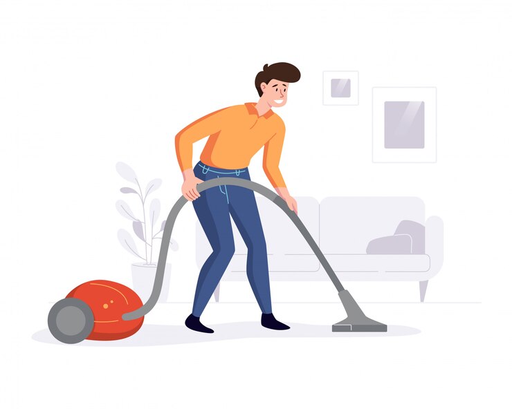 Vector la aspiradora profesional limpia la casa con una aspiradora. servicio de limpieza de deberes profesionales que ofrecen conceptos. ilustración.