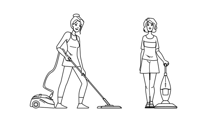 Vector aspirar aspirar alfombra vector limpiador de piso limpiar servicio de limpieza casa aspirar alfombra personaje gente línea negra ilustración