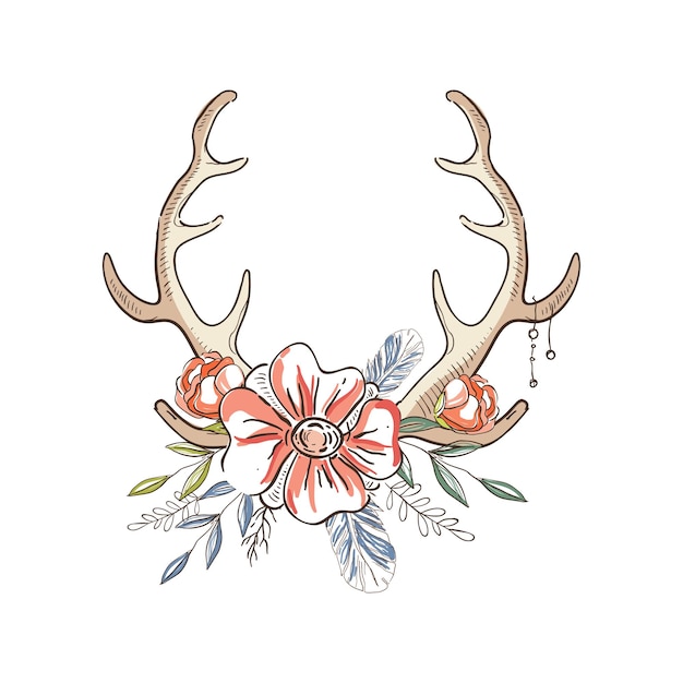 Astas con una corona de flores composición floral dibujada a mano con cuernos de venado vector ilustración sobre un fondo blanco