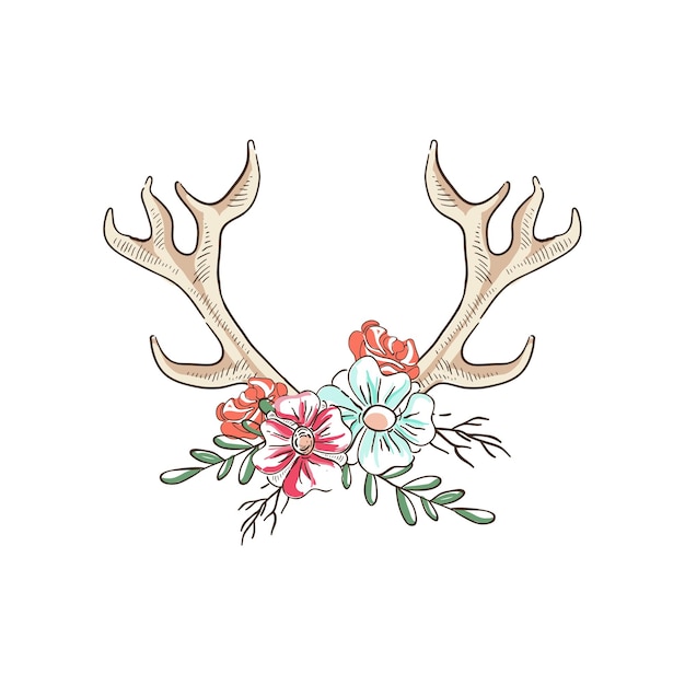 Astas con flores composición floral dibujada a mano con cuernos de venado vector ilustración sobre un fondo blanco