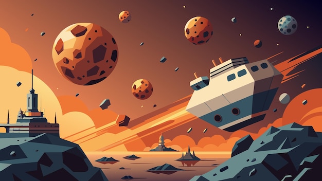 Vector un asteroide masivo se precipita hacia un grupo de naves mineras enviando peligrosos pedazos de roca y