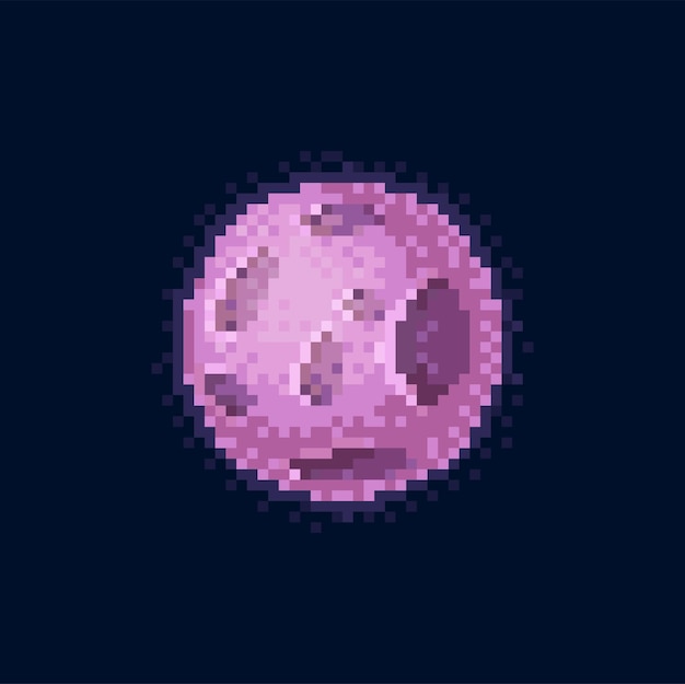 Astrología interestelar planeta de color púrpura con cráteres Elemento de diseño de juego de 8 bits icono de globo terráqueo alienígena Vector científico cuerpo celeste en atmósfera planeta del sistema solar en pixel art