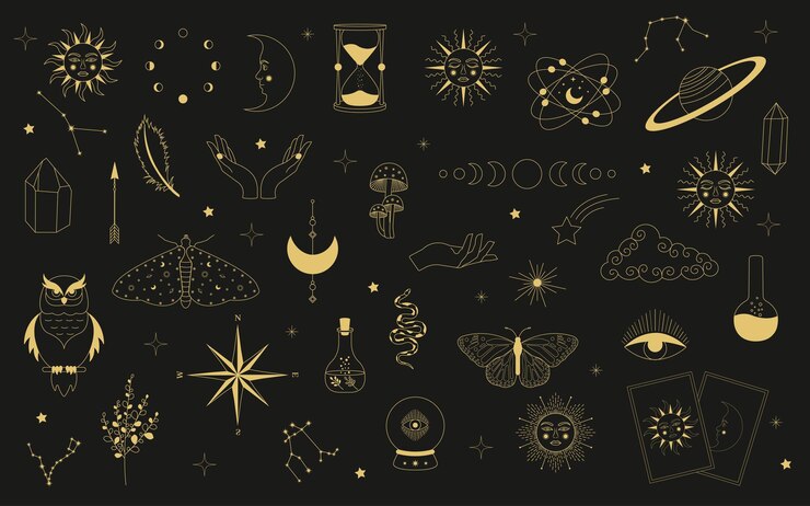 Vector astrología mística celestial conjunto de elementos místicos celestiales y mágicos ocultos