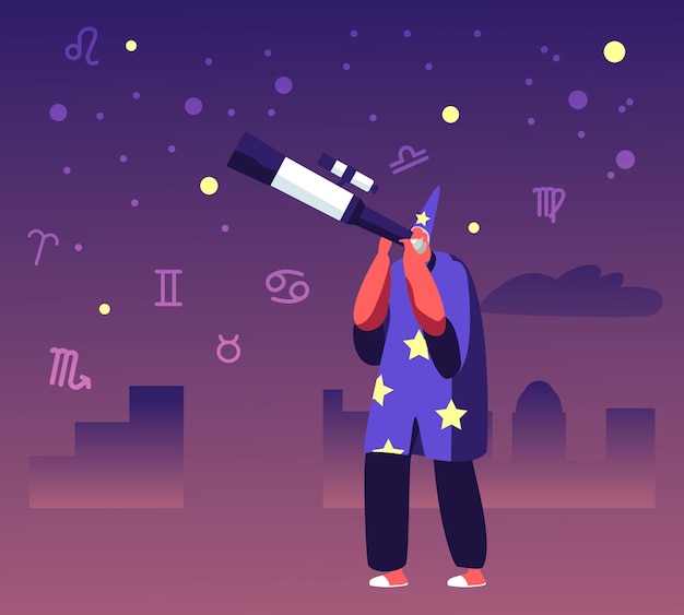 Astrólogo en traje y gorra mirando la luna y las estrellas a través del telescopio estudiando el espacio. Ilustración plana de dibujos animados
