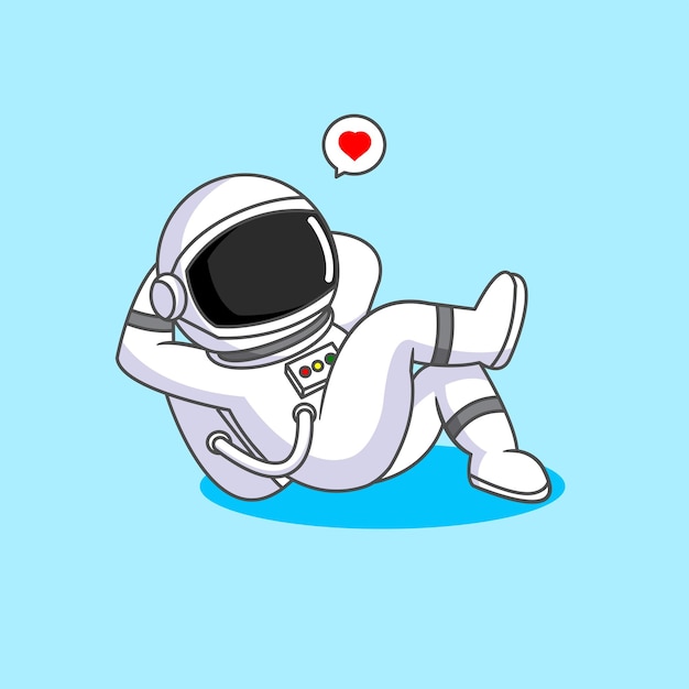 Astronauta acostado relajándose y soñando en el espacio con un diseño de dibujos animados de ilustración vectorial del corazón