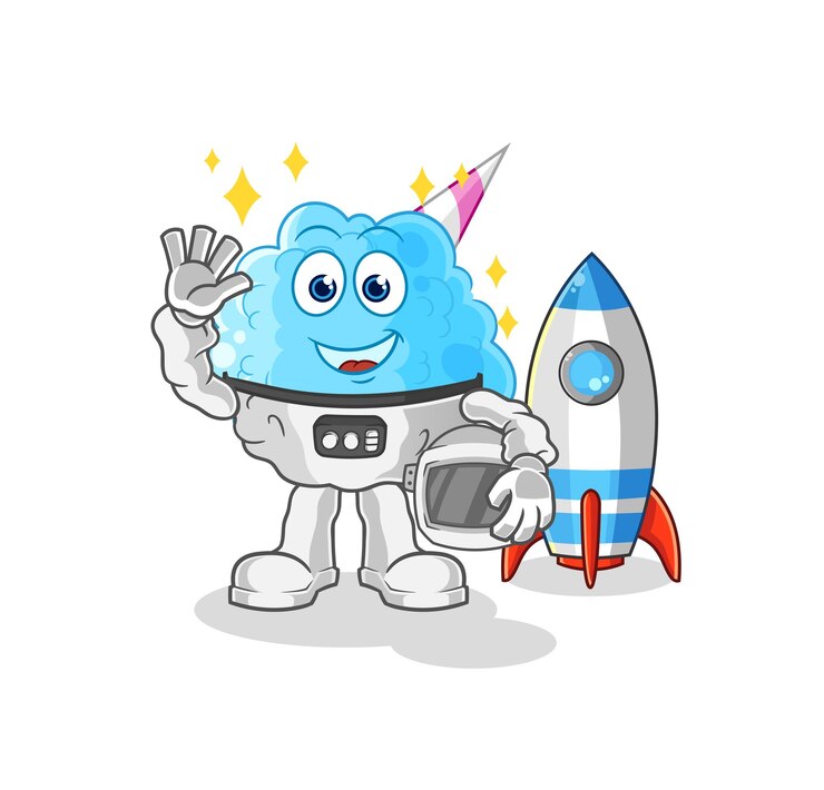 Vector astronauta de algodón de azúcar que agita el vector de mascota de dibujos animados de carácter