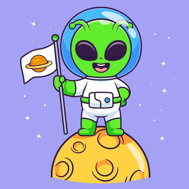 Astronauta alienígena lindo sosteniendo la bandera del planeta en la luna Icono vectorial de dibujos animados Ilustración Ciencia Tecno