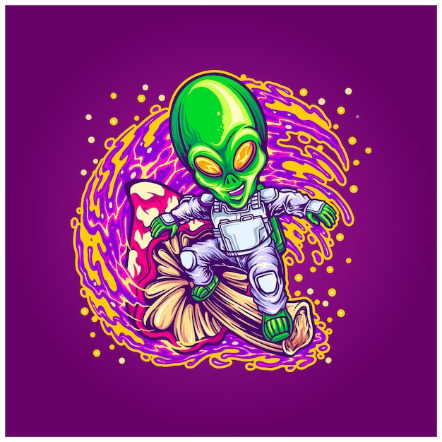 Vector astronauta alienígena navegando en el espacio con ilustraciones de hongos trippy