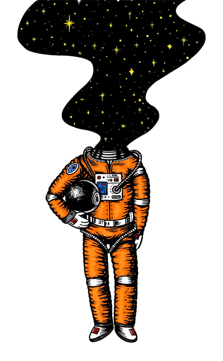 Vector astronauta altísimo espacio y galaxia en la cabeza astronauta en el sistema solar grabado dibujado a mano dibujo antiguo en estilo vintage