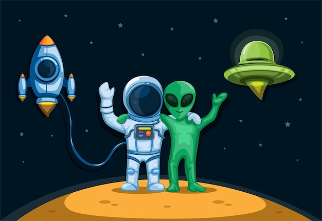 Astronauta con amistad alienígena de pie en el planeta con nave espacial y concepto de ovni en ilustración de dibujos animados