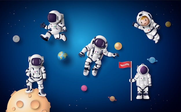 Astronauta astronauta flotando en la estratosfera. arte de papel y estilo artesanal.