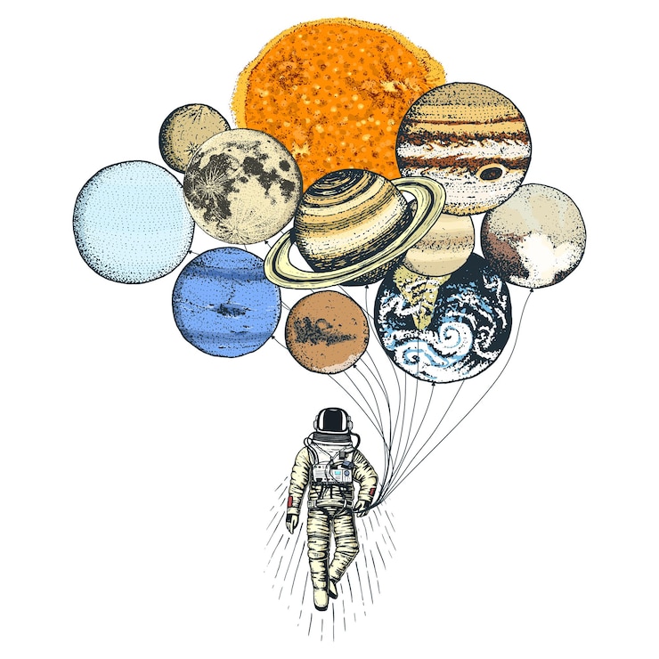Vector astronauta astronauta planetas en sistema solar galaxia astronómica espacio cosmonauta explorar aventura grabado dibujado a mano en boceto antiguo luna y el sol y la tierra marte y venus globos