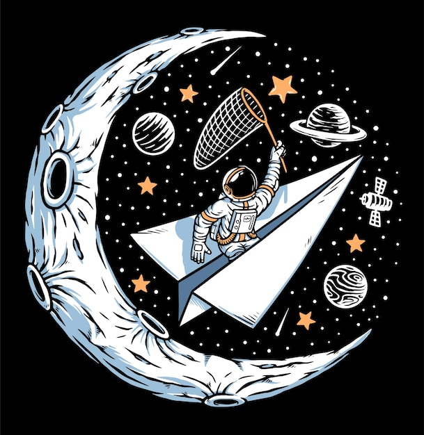 Astronauta atrapando estrellas en la ilustración de la luna