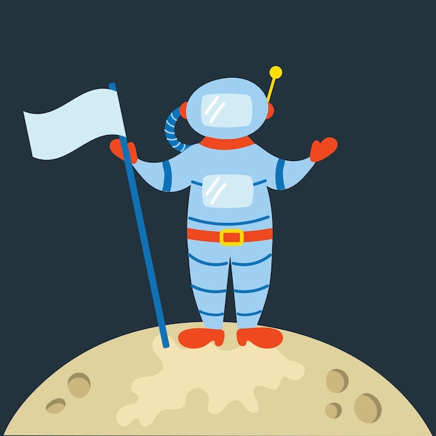 Astronauta con bandera de pie en la luna Ilustración vectorial de un bonito astronauta de dibujos animados en la luna