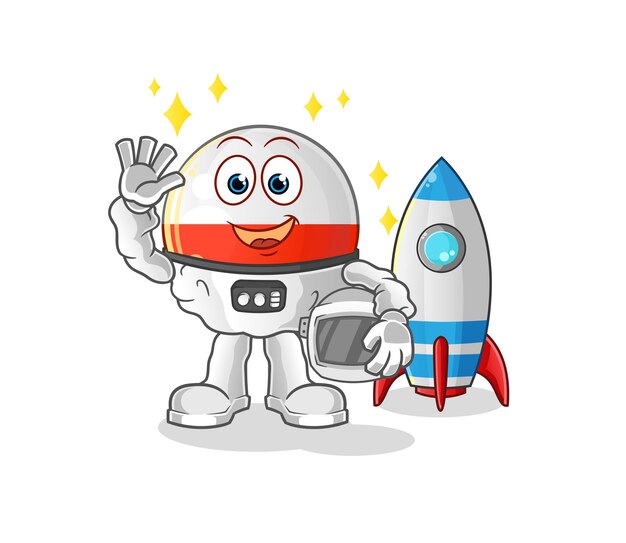 Astronauta de la bandera de Polonia agitando el carácter. vector de mascota de dibujos animados