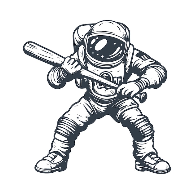 Astronauta con bate de béisbol Vector de dibujo de estilo grabado en madera vintage