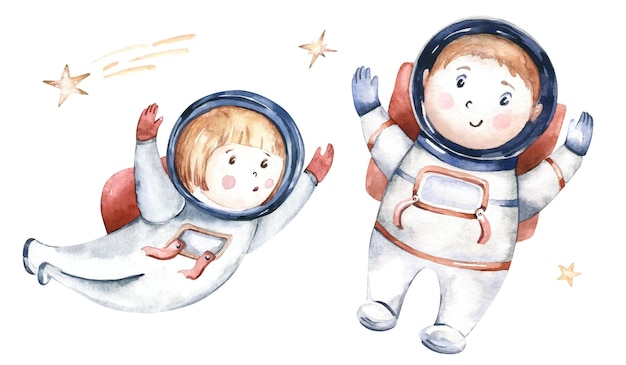 Astronauta bebé niño niña traje espacial cosmonauta estrellas ilustración acuarela niño de dibujos animados de astronauta