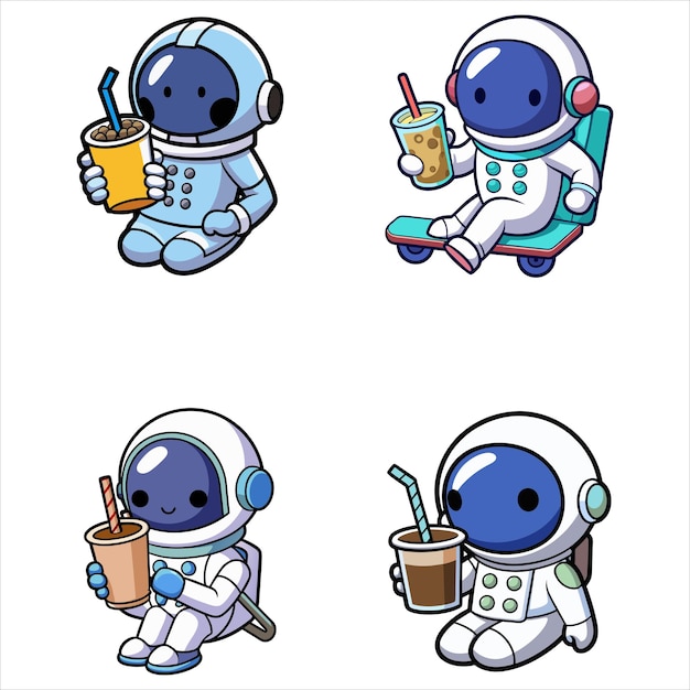 Astronauta bebiendo té de leche de Boba con su patineta