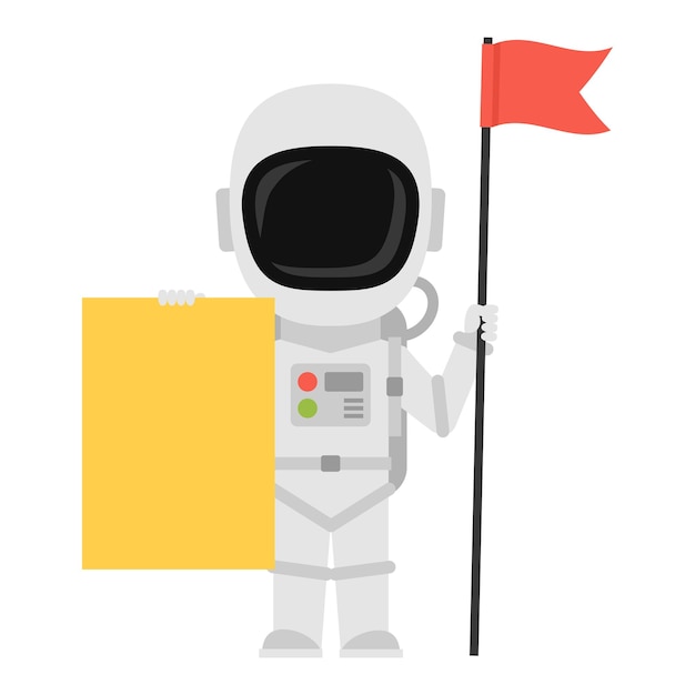 Astronauta con casco cerrado sosteniendo un gran letrero en blanco y una bandera roja