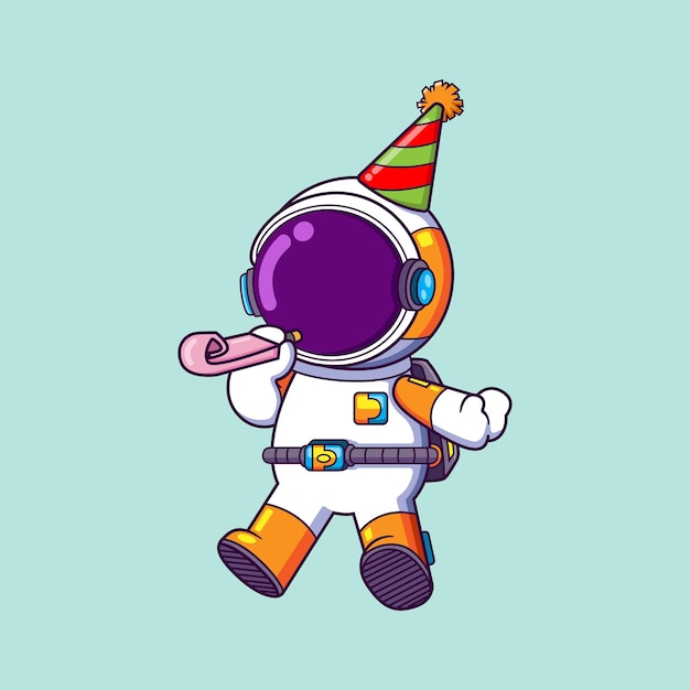 El astronauta está celebrando el año nuevo haciendo sonar el silbato y usando el gorro de fiesta.