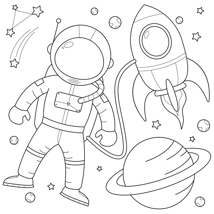 Vector astronauta con cohete en el espacio adecuado para la ilustración de vector de página para colorear de los niños
