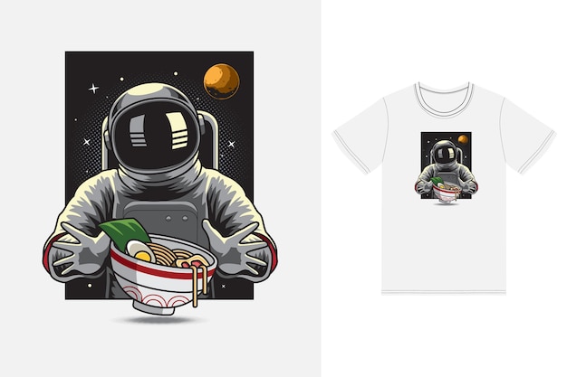 Astronauta comiendo ramen ilustración con diseño de camiseta vector premium