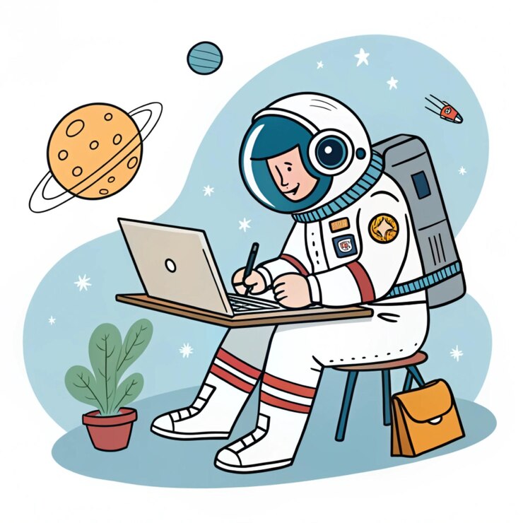 Vector un astronauta con una computadora portátil y un planeta en ella