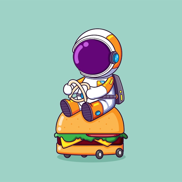 El astronauta conduce lentamente un coche de hamburguesas que tiene ruedas pequeñas.