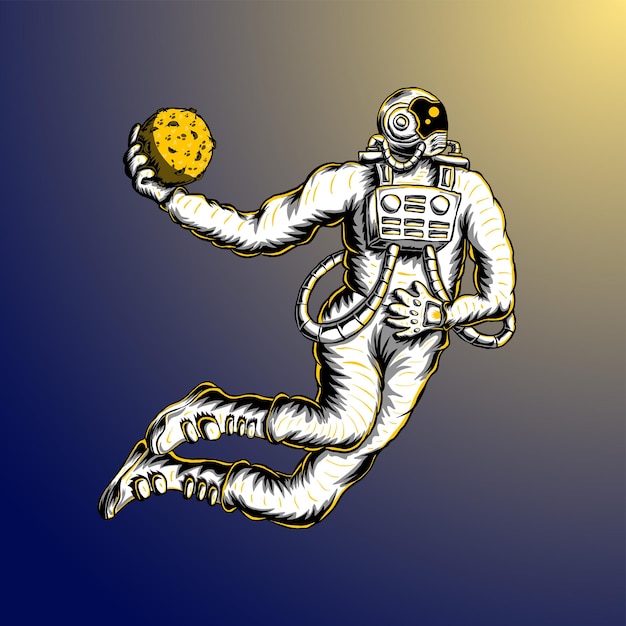 Astronauta dibujado a mano jugando ilustración de vector de bola de planeta