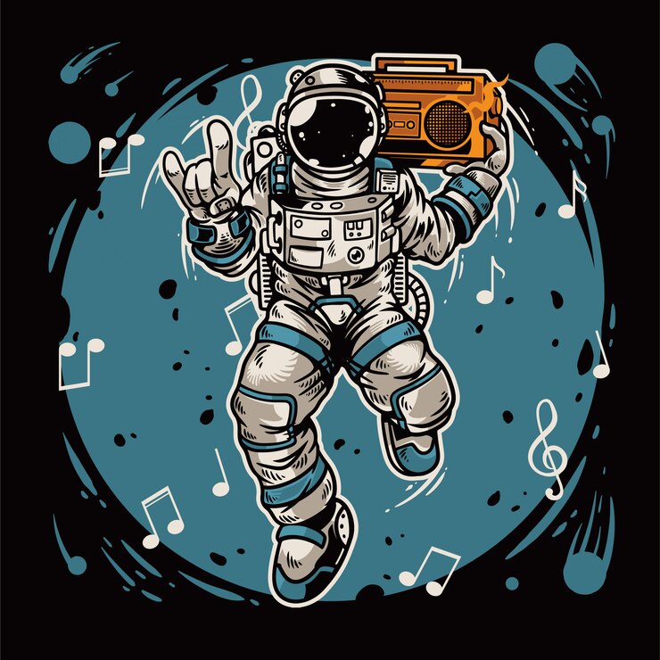 Astronauta dibujado a mano sosteniendo radio y bailando en el espacio