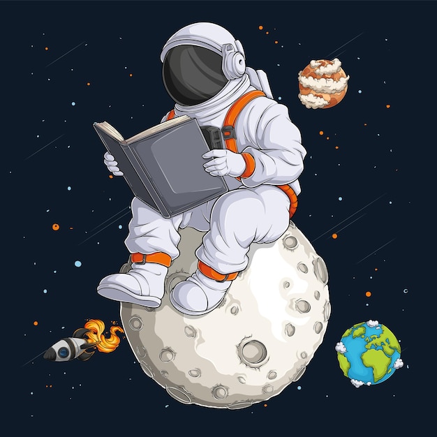 Astronauta dibujado a mano en traje espacial sentado en la luna mientras lee un libro cosmonauta con planetas