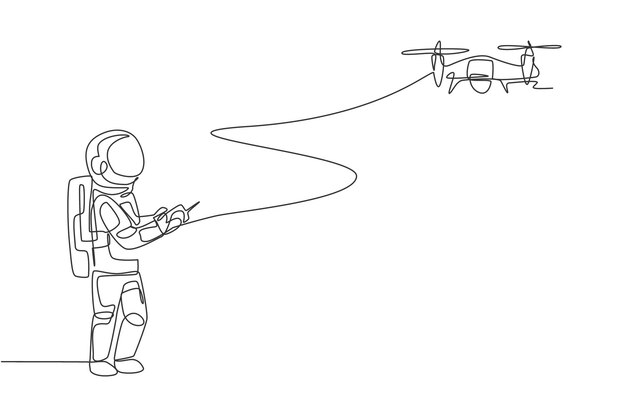 Astronauta de dibujo de línea continua única jugando control de radio de avión teledirigido en vector de superficie lunar