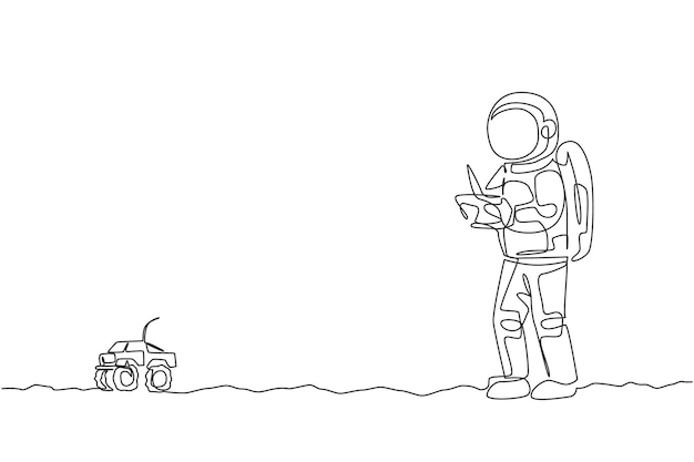 Astronauta de dibujo de línea continua única jugando control de radio de camión monstruo en vector de superficie lunar