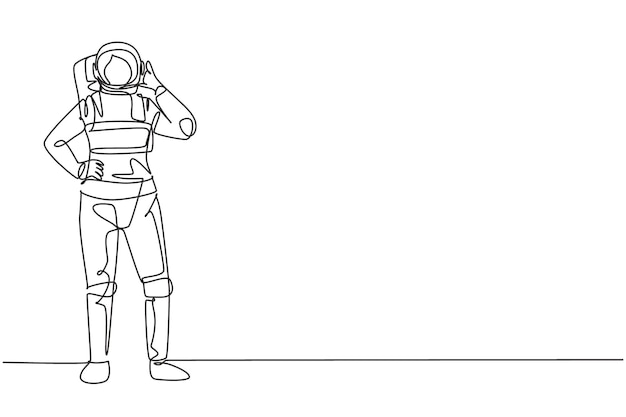 Un astronauta de dibujo de una sola línea continua se para con un gesto de llamarme usando un traje espacial explorando