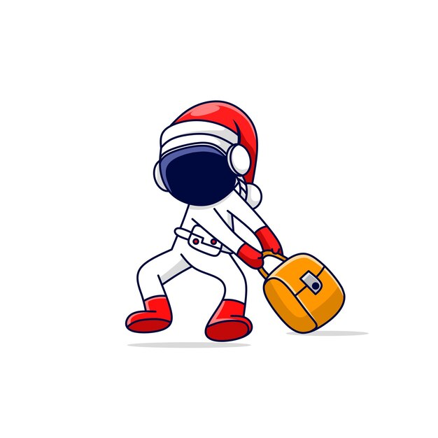 Astronauta de dibujos animados con atributos navideños llevando una maleta para ir de vacaciones