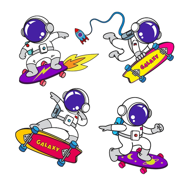 Astronauta dibujos animados conjunto animación diseño plano patineta vector