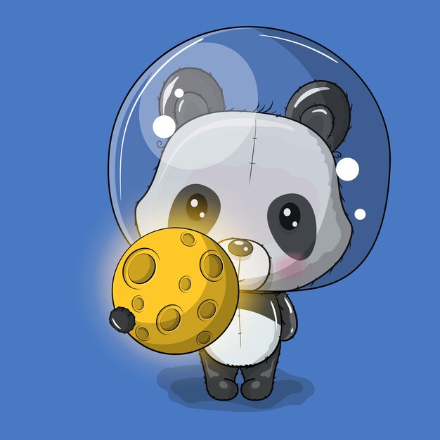 Astronauta de dibujos animados lindo panda con la luna