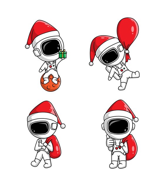 Astronauta de dibujos animados lindo con sombrero de navidad y regalos de navidad