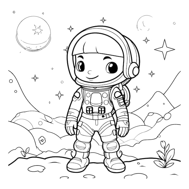 Astronauta de dibujos animados en la luna Libro de colorear para niños