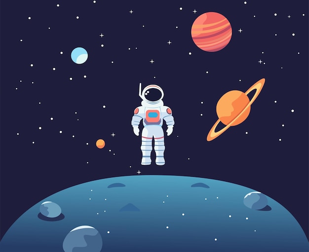 astronauta de dibujos animados en el paisaje vectorial espacial