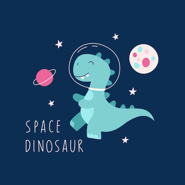 Astronauta dinosaurio, cosmos, galaxia, luna, aventura espacial. personaje de dibujos animados para niños.