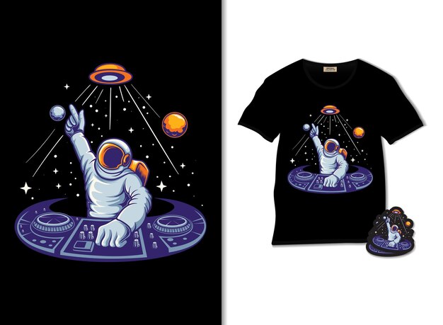 Astronauta disc jockey ilustración de música electrónica con diseño de camiseta